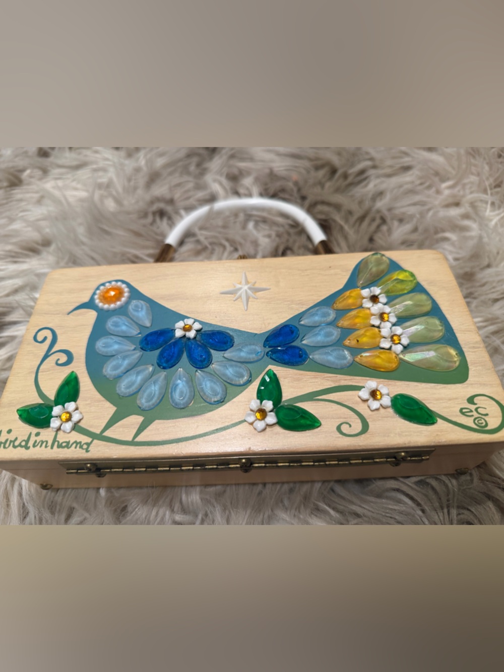 Enid Collins “Bird in Hand” wooden box purse